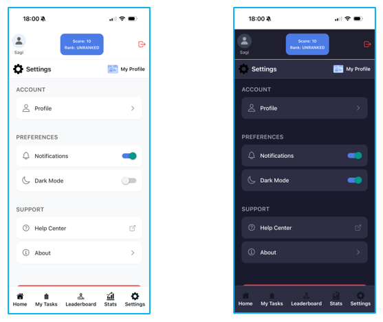 Settings screen
